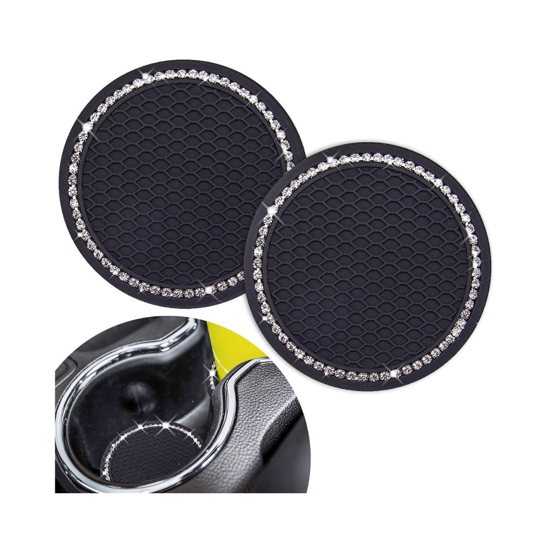 Cute Car Cup Coaster,Dermasy 2PCS Universal Vehicle Holder Insert Coaster 2.75 inch Silicone Anti Slip Bling Crystal Rhinestone Auto Accessories for Women & Lady (White)