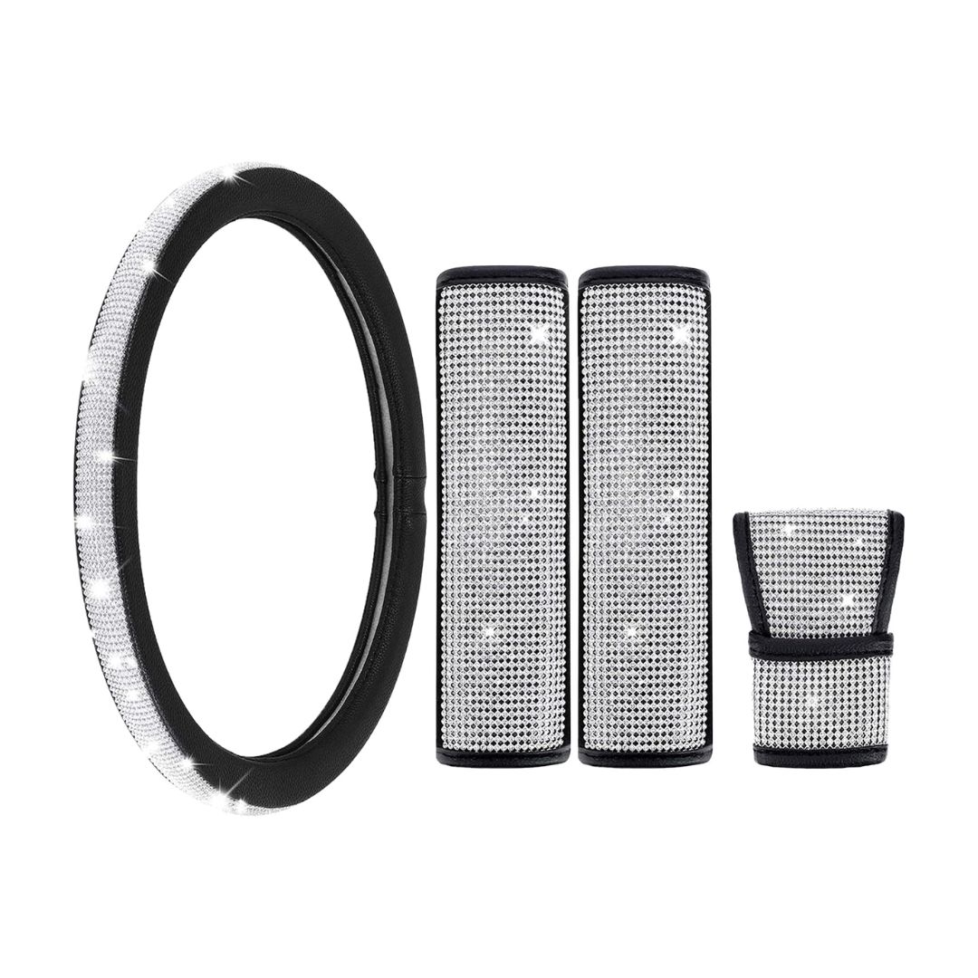 iEago RC 4Pcs Bling Car Accessories Set for Women, Bling Steering Wheel Cover, Seat Belt Covers, Leather Crown Crystal Handbrake Cover for Women or Ladies
