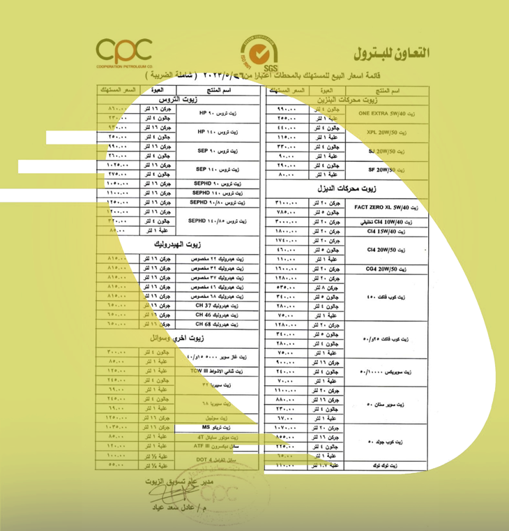 شركة التعاون للبترول ترفع أسعار الزيوت بمختلف أنواعها